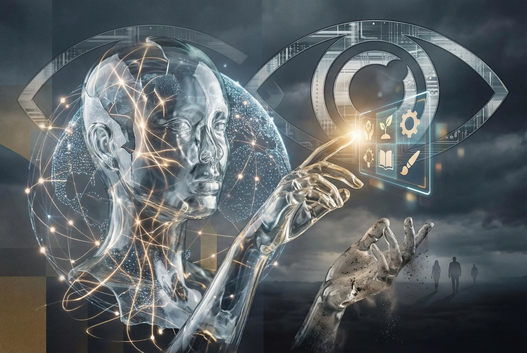 A photorealistic editorial illustration supporting the article "The Case for AI Optimism - With Eyes Wide Open". Related