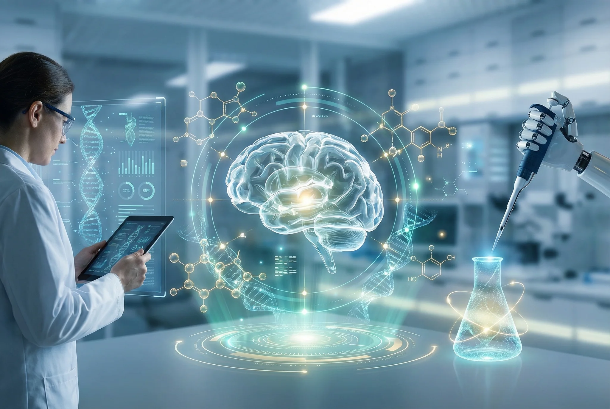 A photorealistic editorial illustration supporting the article "The Quiet Revolution in AI-Powered Scientific Discovery"