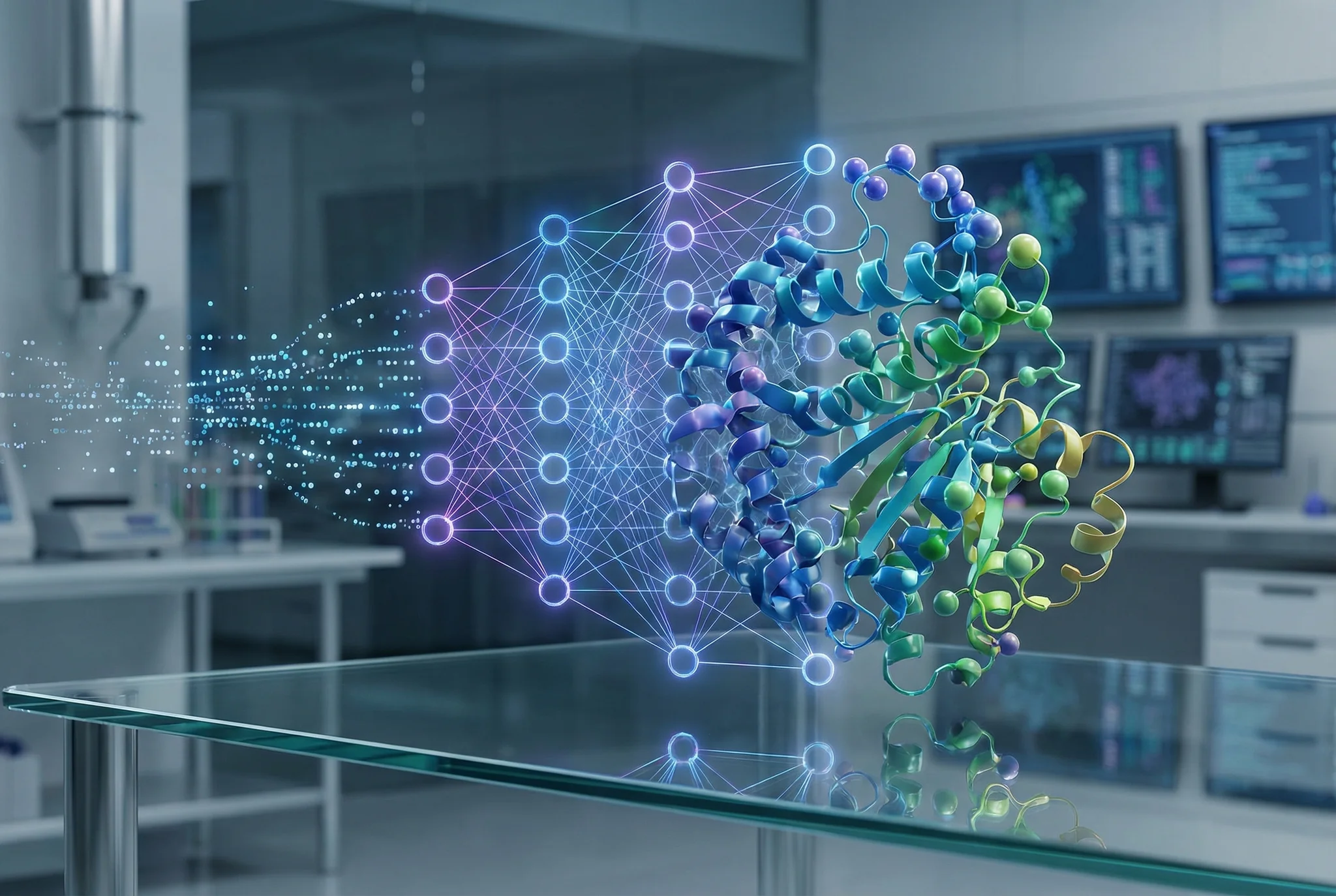 A photorealistic editorial illustration supporting the article "The Quiet Revolution in AI-Powered Scientific Discovery"