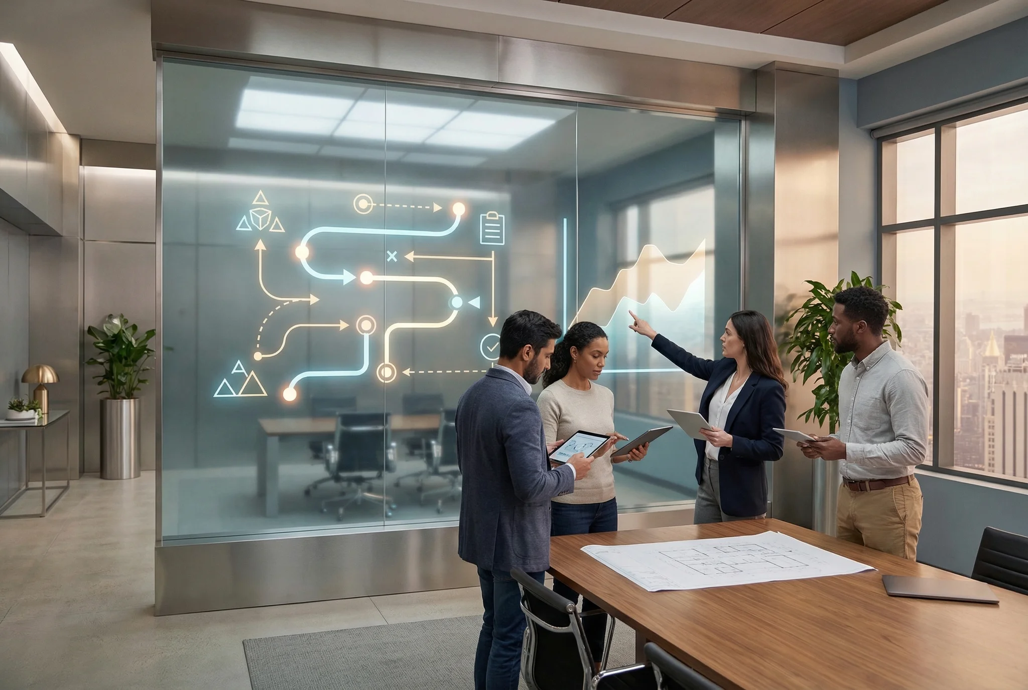 A photorealistic editorial illustration supporting the article "The AI Adoption Curve: Where Your Industry Actually Stan