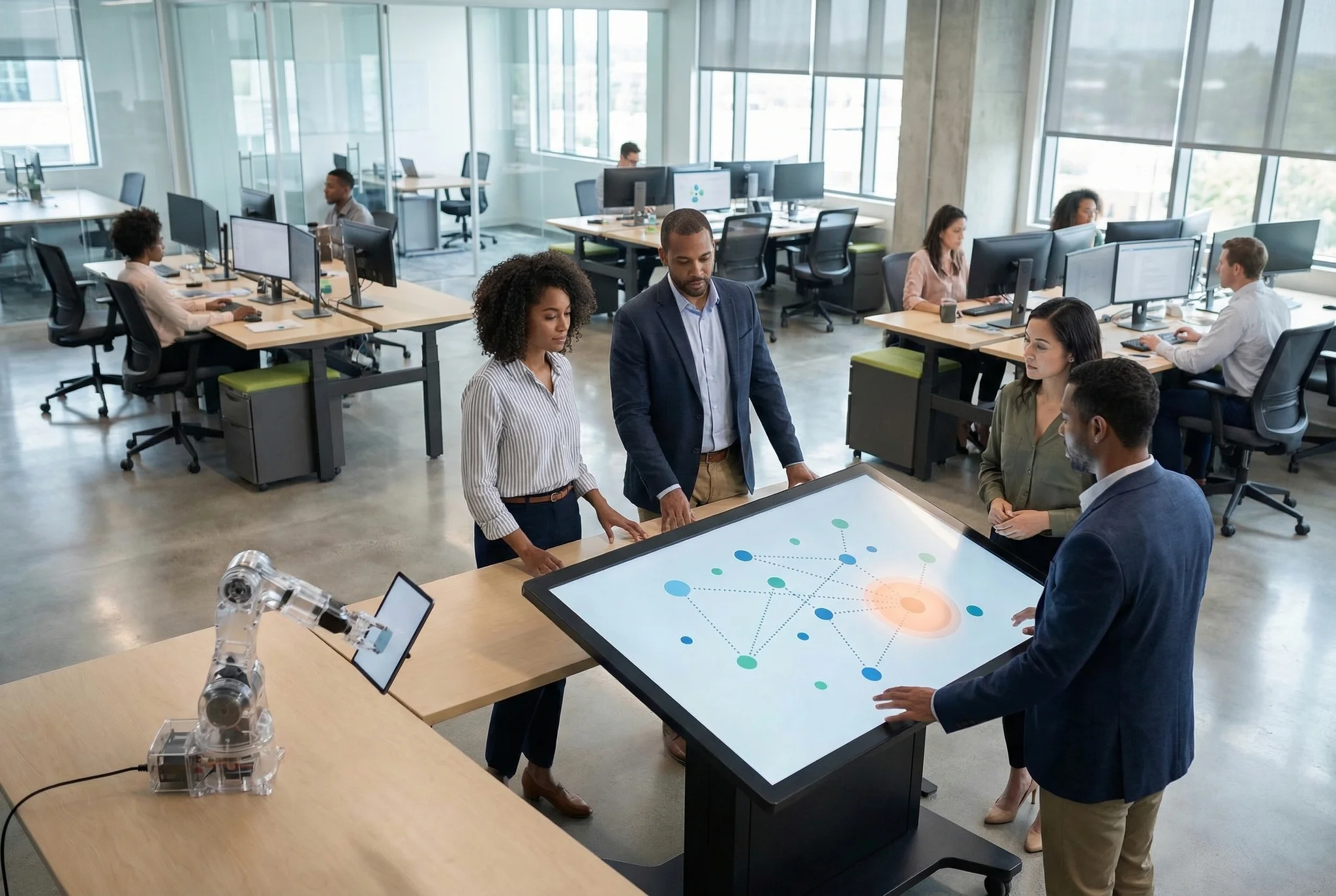 A photorealistic editorial illustration supporting the article "The AI Adoption Curve: Where Your Industry Actually Stan