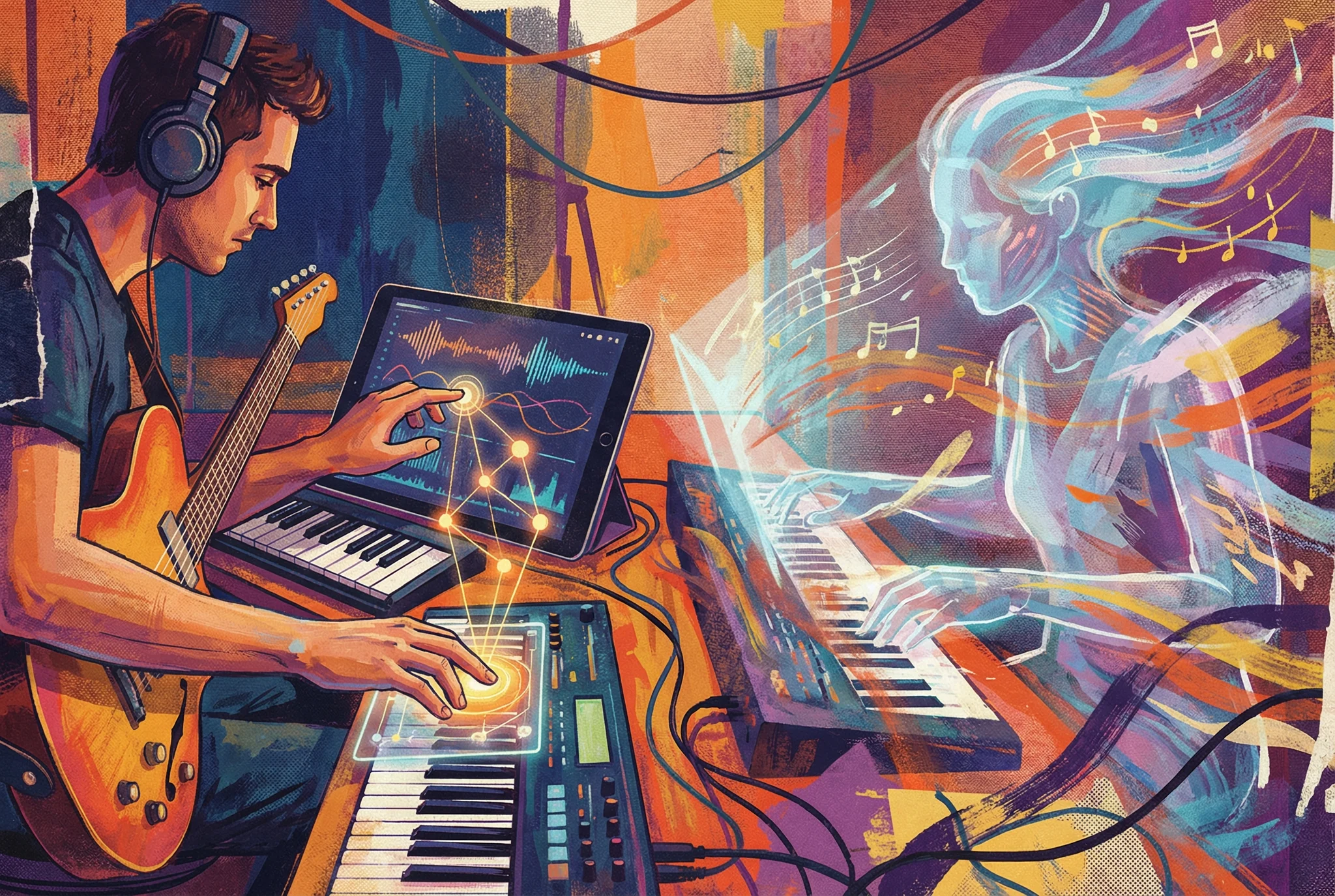 A photorealistic editorial illustration supporting the article "How Musicians Are Using AI as a Collaborator, Not a Repl
