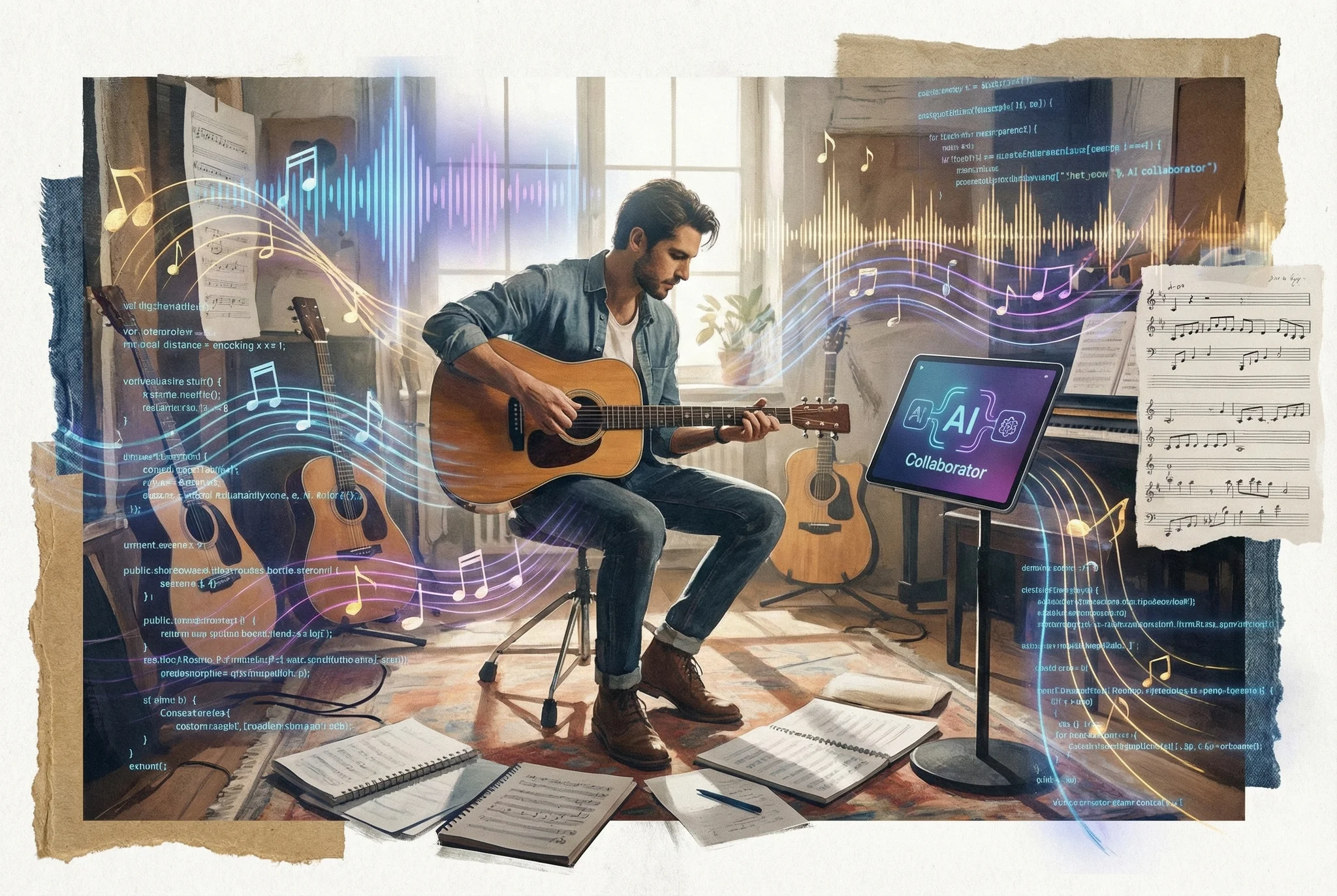 A photorealistic editorial illustration supporting the article "How Musicians Are Using AI as a Collaborator, Not a Repl